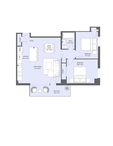 Floor plan for 2 beds, 1 bath, 728 sqft
